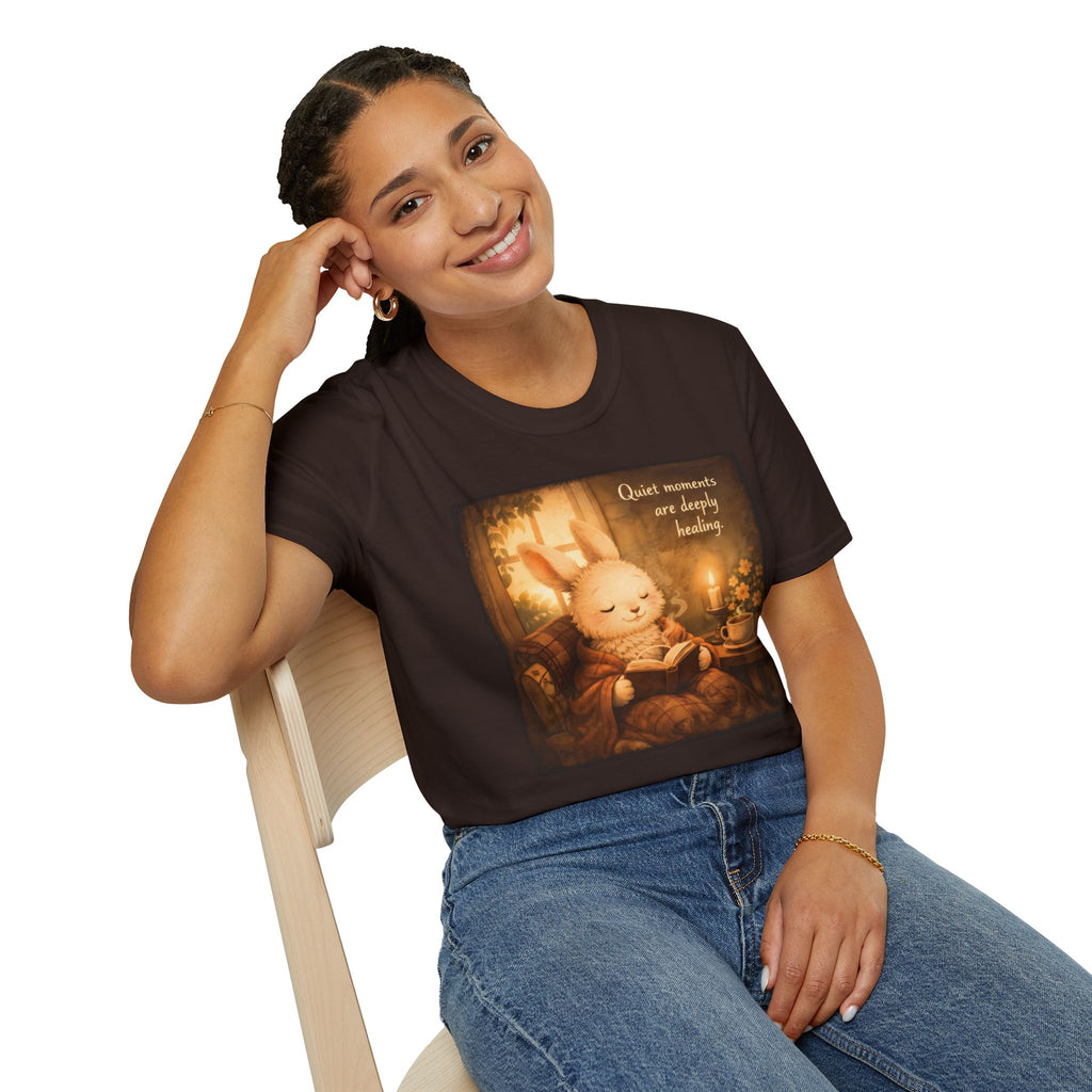 Cozy Bunny Reading T-Shirt — "Quiet moments are deeply healing"