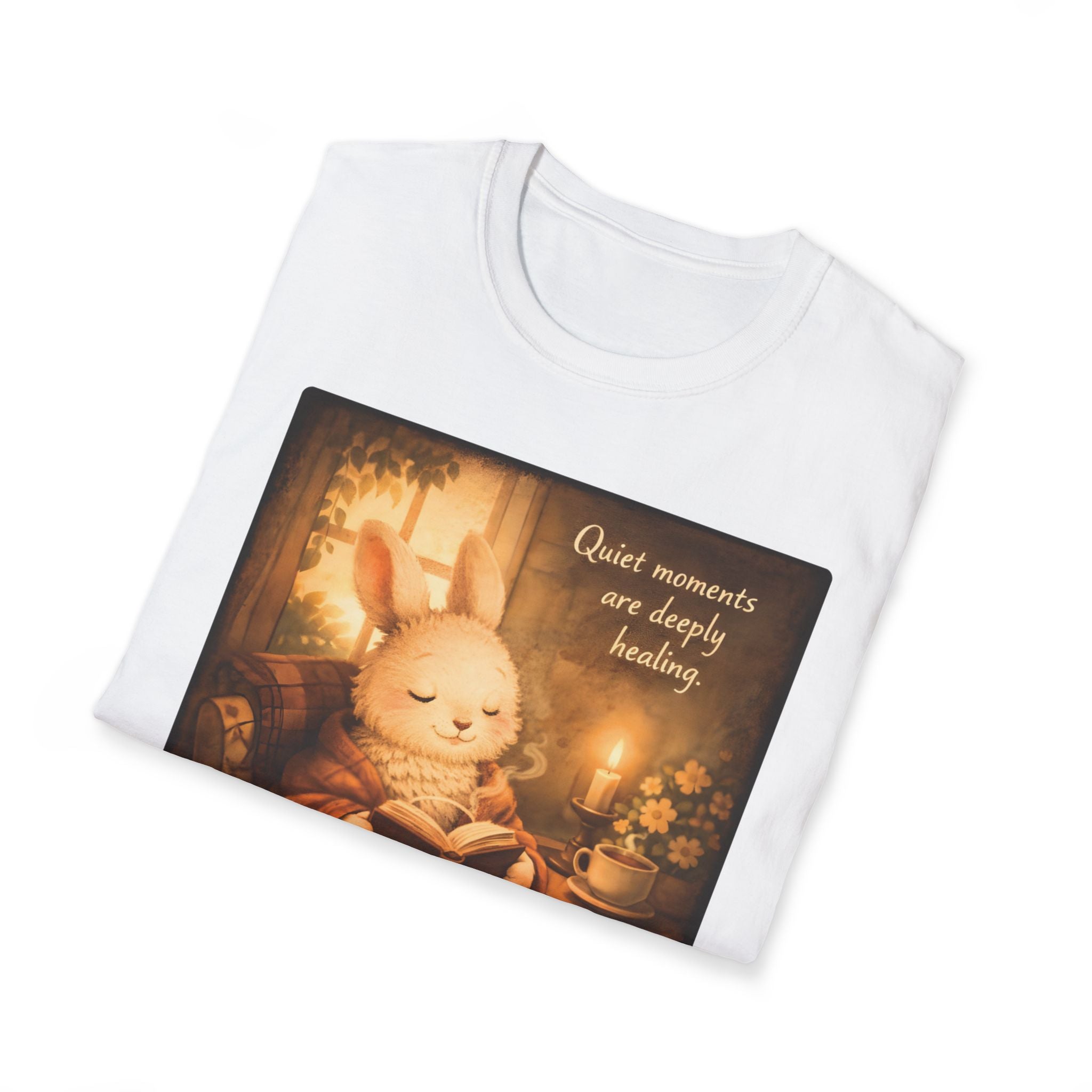 Cozy Bunny Reading T-Shirt — "Quiet moments are deeply healing"