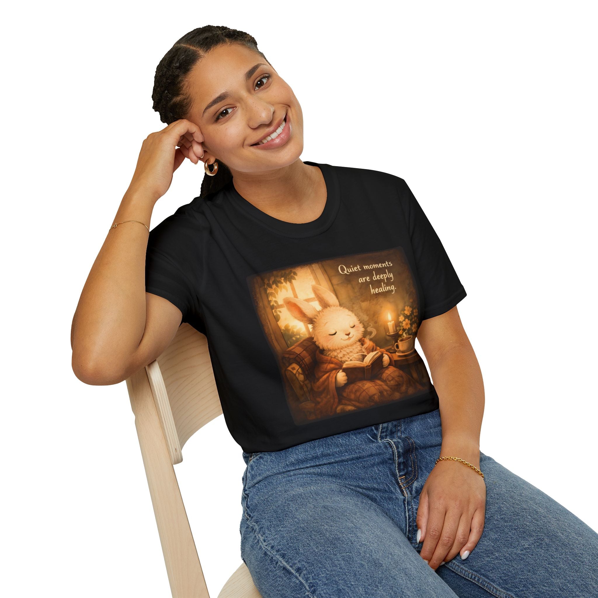 Cozy Bunny Reading T-Shirt — "Quiet moments are deeply healing"