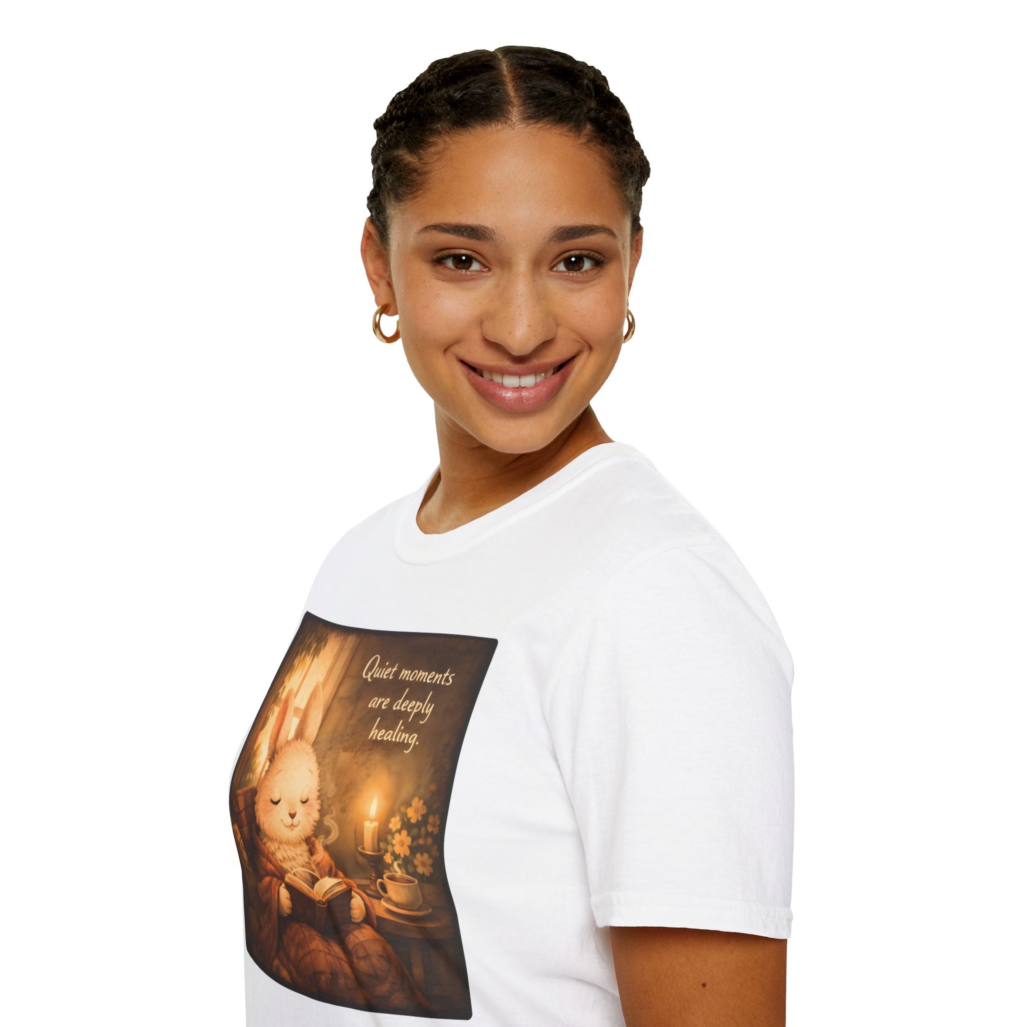 Cozy Bunny Reading T-Shirt — "Quiet moments are deeply healing"
