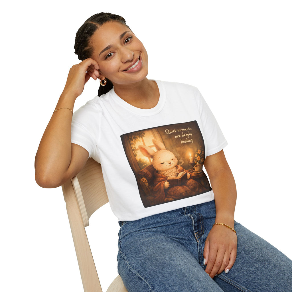 Cozy Bunny Reading T-Shirt — "Quiet moments are deeply healing"