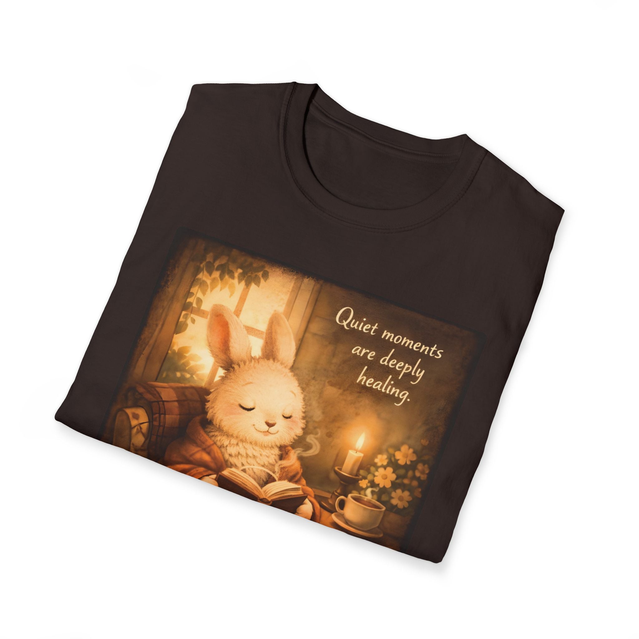 Cozy Bunny Reading T-Shirt — "Quiet moments are deeply healing"
