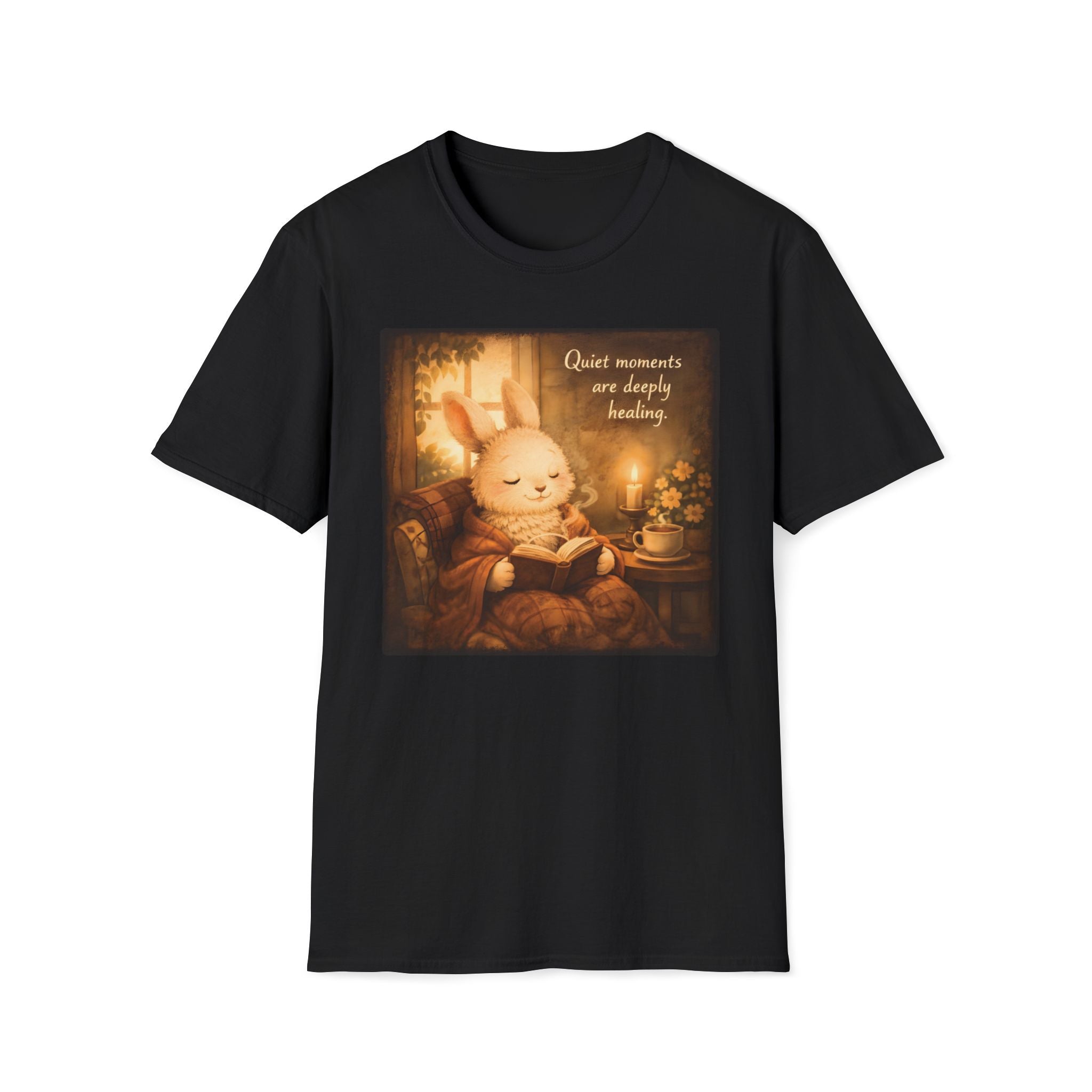 Cozy Bunny Reading T-Shirt — "Quiet moments are deeply healing"